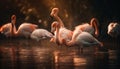 Flamingos wading in tranquil pink pond reflection generated by AI