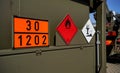 Flammable and dangerous -  Hazardous marine pollutant substance - sign on brown green metal side of army petrol or fuelling Royalty Free Stock Photo