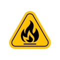 Flammable materials warning sign, caution fire sign yellow, gas hazard symbol, attention fire hazard icon, triangle flame warning