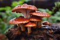 Flammulina velutipes mushrooms on a stump in the forest, Lingzhi mushroom, Ganoderma lucidum Lingzhi mushroom, AI Generated