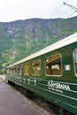 Flamsbana railcar sits in Flam station, Norway