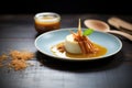 flan with golden caramel shards topping