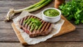 Flank beef steak with chimichurri and horseradish sauce on wooden table. Juicy grilled meat. Delicious restaurant food