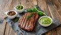 Flank beef steak with chimichurri and horseradish sauce on wooden table. Juicy grilled meat. Delicious restaurant food