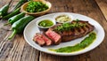 Flank beef steak with chimichurri and horseradish sauce on wooden table. Juicy grilled meat. Delicious restaurant food