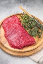 Flank steak, raw beef meat with herbs for frying. grey background. top view Royalty Free Stock Photo