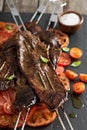 Flank steak on skewers with tomatoes Royalty Free Stock Photo