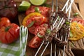 Flank steak on skewers with tomatoes Royalty Free Stock Photo