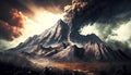 A flank of a volcano in a mountainous landscape erupts, releasing clouds of smoke and ash, made with generative ai