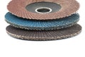 Flap discs for angle grinders in close-up over white Royalty Free Stock Photo