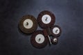 Flap Wheel. A pile of color abrasive Flap Wheel industrial on wood background texture. sandpaper wheel tool - professional equipme Royalty Free Stock Photo