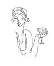 Flapper girl from 20s black and white vector illustration. Woman with cocktail, wineglass, Martini. One continuous line Royalty Free Stock Photo