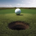 white golf ball near hole on fairway with the green background in the country side. generative ai Royalty Free Stock Photo