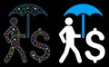 Flare Mesh Wire Frame Walking Businessman with Umbrella Icon with Flare Spots