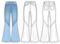 Flared Jeans Pants technical fashion illustration, blue design.