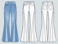 Flared Jeans Pants technical fashion illustration, blue design. Denim Pants fashion flat technical drawing template, medium waist