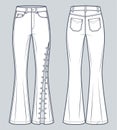 Flared Jeans Pants technical fashion illustration. Lace-up Denim Pants fashion flat technical drawing template