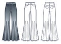 Flared Jeans technical fashion illustration. Godet Denim Pants fashion flat technical drawing template, raw hem, high waist Royalty Free Stock Photo