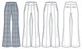 Flared Trousers technical fashion illustration. Plaid Pants fashion flat technical drawing template, flared bottom, button closure Royalty Free Stock Photo