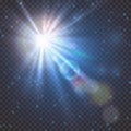 Flash burst of star light with blur and lens flare effect. Shining sun glow. Sparkling light of sun rays on transparent Royalty Free Stock Photo