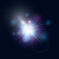 Flash burst of star light with blur and lens flare effect. Shining sun glow. Sparkling light of sun rays on transparent