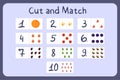 Flash cards with numbers for kids, set 1. Cut and match pictures with numbers and fruits. Illustration for educational