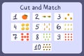 Flash cards with numbers for kids, set 2. Cut and match pictures with numbers and fruits. Illustration for educational