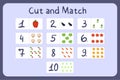 Flash cards with numbers for kids, set 3. Cut and match pictures with numbers and fruits. Illustration for educational