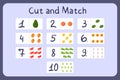 Flash cards with numbers for kids, set 6. Cut and match pictures with numbers and fruits. Illustration for educational