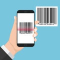 Flash Design with long shadow Hand Holding the smart phone with Bar code on screen. The concept is Bar code Scan on Smart Phone