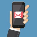 Flash Design style hand holding the smartphone with e-mail application on screen ,vector design Element illustration