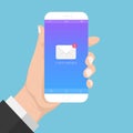 Flash Design style hand holding the smartphone with e-mail application on screen ,vector design Element illustration