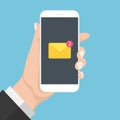 Flash Design style hand holding the smartphone with e-mail application on screen ,vector design Element illustration