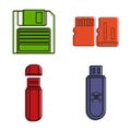 Flash disk icon set, color outline style Royalty Free Stock Photo