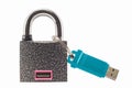 Flash drive and closed lock. Encryption and data security