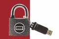 Flash drive and closed lock. Encryption and data security