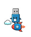 Flash drive usb mascot character riding a rocket Royalty Free Stock Photo