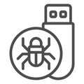 Flash drive with virus line icon, hacker attacks concept. Vector graphics. Hacker exploit, bug on pen drive sign on