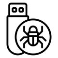 Flash drive with virus line icon, hacker attacks concept. Vector graphics. Hacker exploit, bug on pen drive sign on