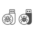 Flash drive with virus line and solid icon, hacker attacks concept. Vector graphics. Hacker exploit, bug on pen drive
