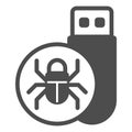Flash drive with virus solid icon, hacker attacks concept. Vector graphics. Hacker exploit, bug on pen drive sign on
