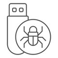 Flash drive with virus thin line icon, hacker attacks concept. Vector graphics. Hacker exploit, bug on pen drive sign on