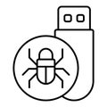 Flash drive with virus thin line icon, hacker attacks concept. Vector graphics. Hacker exploit, bug on pen drive sign on