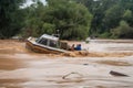 flash flood causes a boat to capsize and float downstream Royalty Free Stock Photo