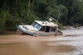 flash flood causes a boat to capsize and float downstream Royalty Free Stock Photo