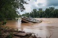 flash flood causes a boat to capsize and float downstream Royalty Free Stock Photo