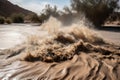 flash flood in a desert, with the water rushing through the sand Royalty Free Stock Photo