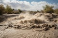 flash flood in a desert, with the water rushing through the sand Royalty Free Stock Photo