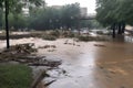 flash flood overtaking city park, with debris and cars floating in the water Royalty Free Stock Photo