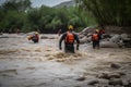 flash flood rescue, with firefighters and paramedics rescuing person from raging waters